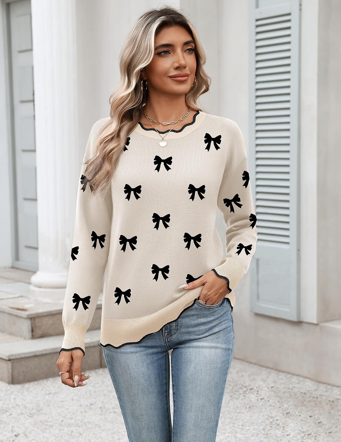 image:imageZeagoo Sweaters for Women 2026 Fall Outfits Long Sleeve Winter ClothesBow Black