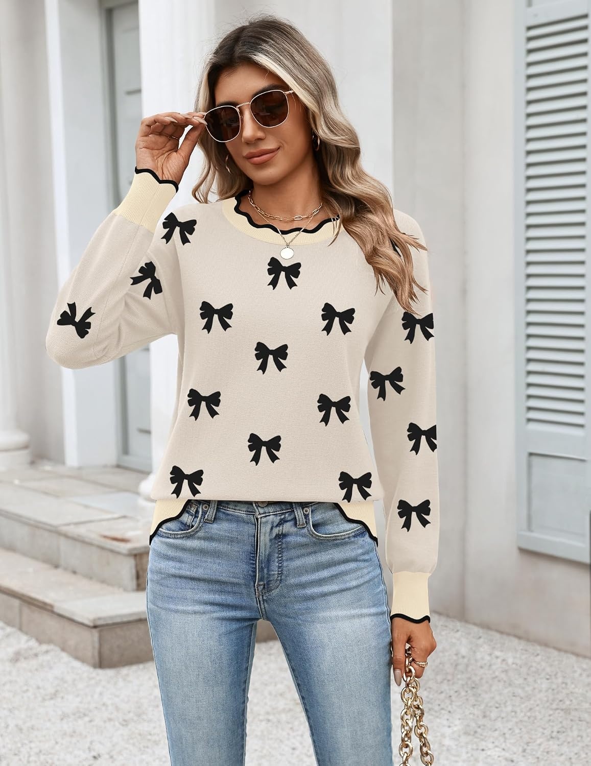 image:imageZeagoo Sweaters for Women 2026 Fall Outfits Long Sleeve Winter ClothesBow Black