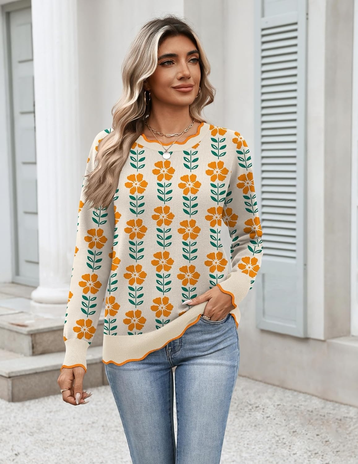 image:imageZeagoo Sweaters for Women 2026 Fall Outfits Long Sleeve Winter ClothesFlower Apricot