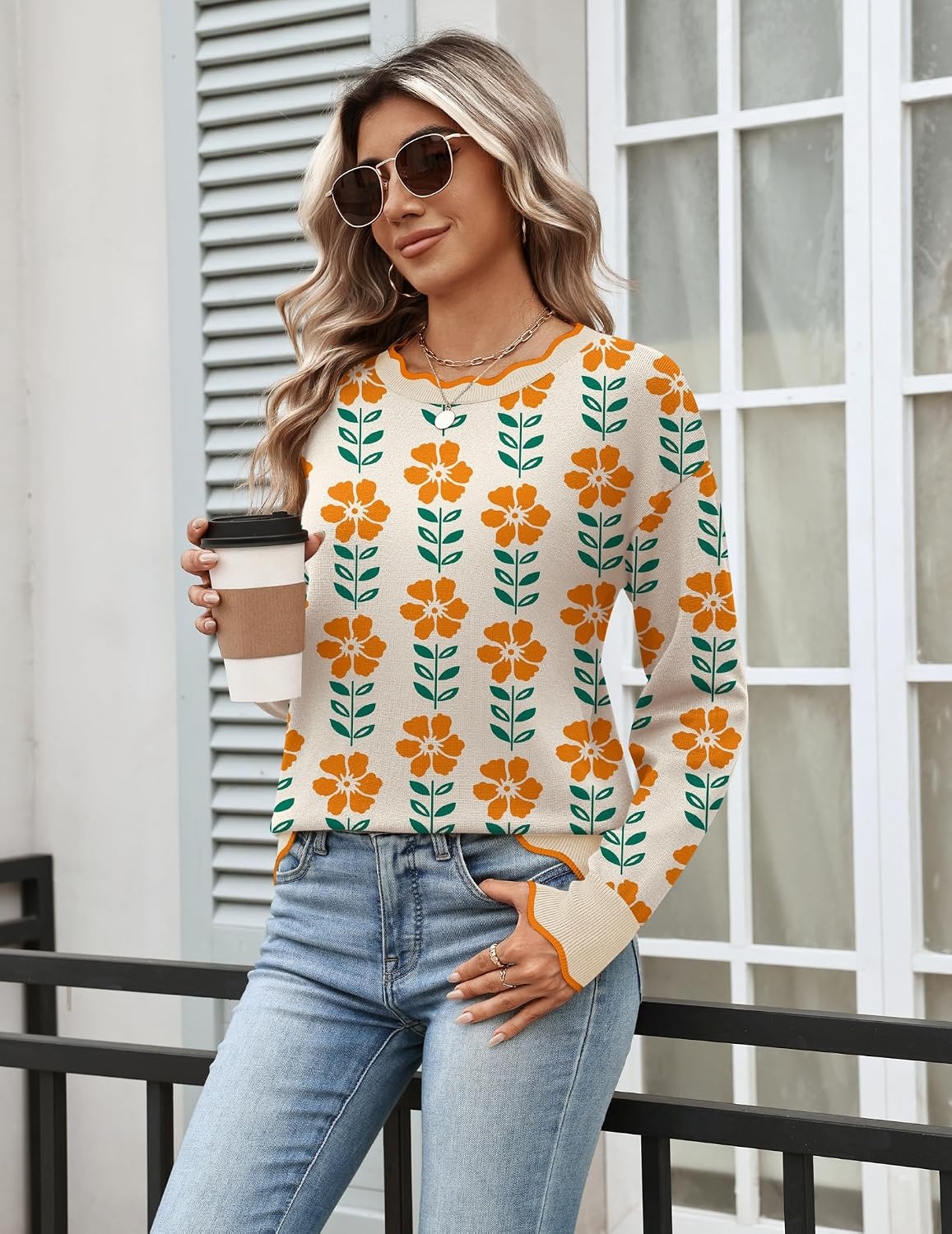 image:imageZeagoo Sweaters for Women 2026 Fall Outfits Long Sleeve Winter ClothesFlower Apricot