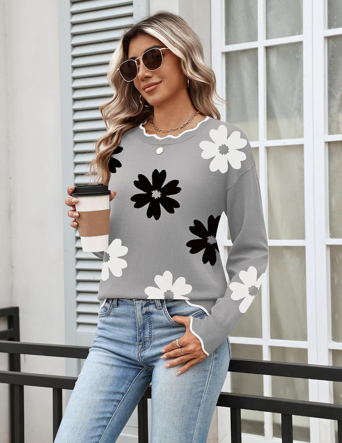 image:imageZeagoo Sweaters for Women 2026 Fall Outfits Long Sleeve Winter ClothesFlower Gray