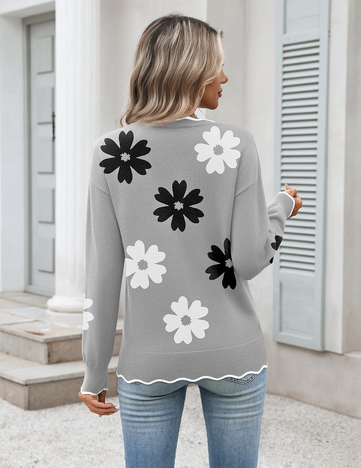 image:imageZeagoo Sweaters for Women 2026 Fall Outfits Long Sleeve Winter ClothesFlower Gray