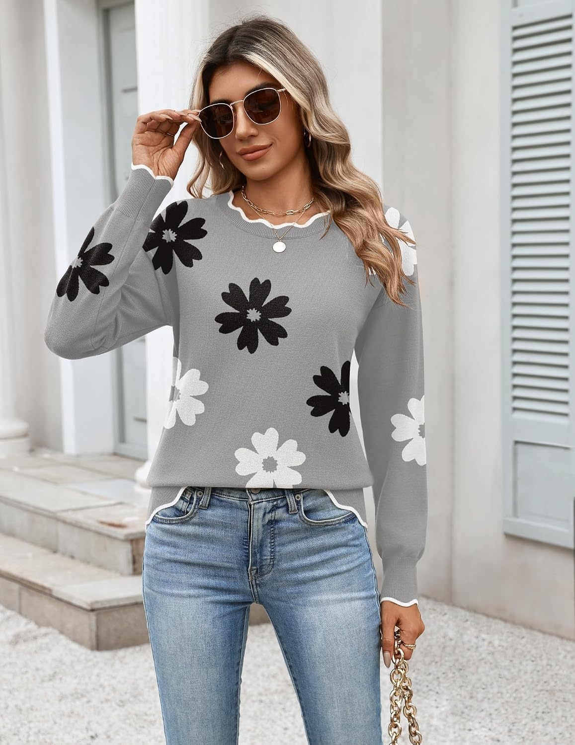image:imageZeagoo Sweaters for Women 2026 Fall Outfits Long Sleeve Winter ClothesFlower Gray