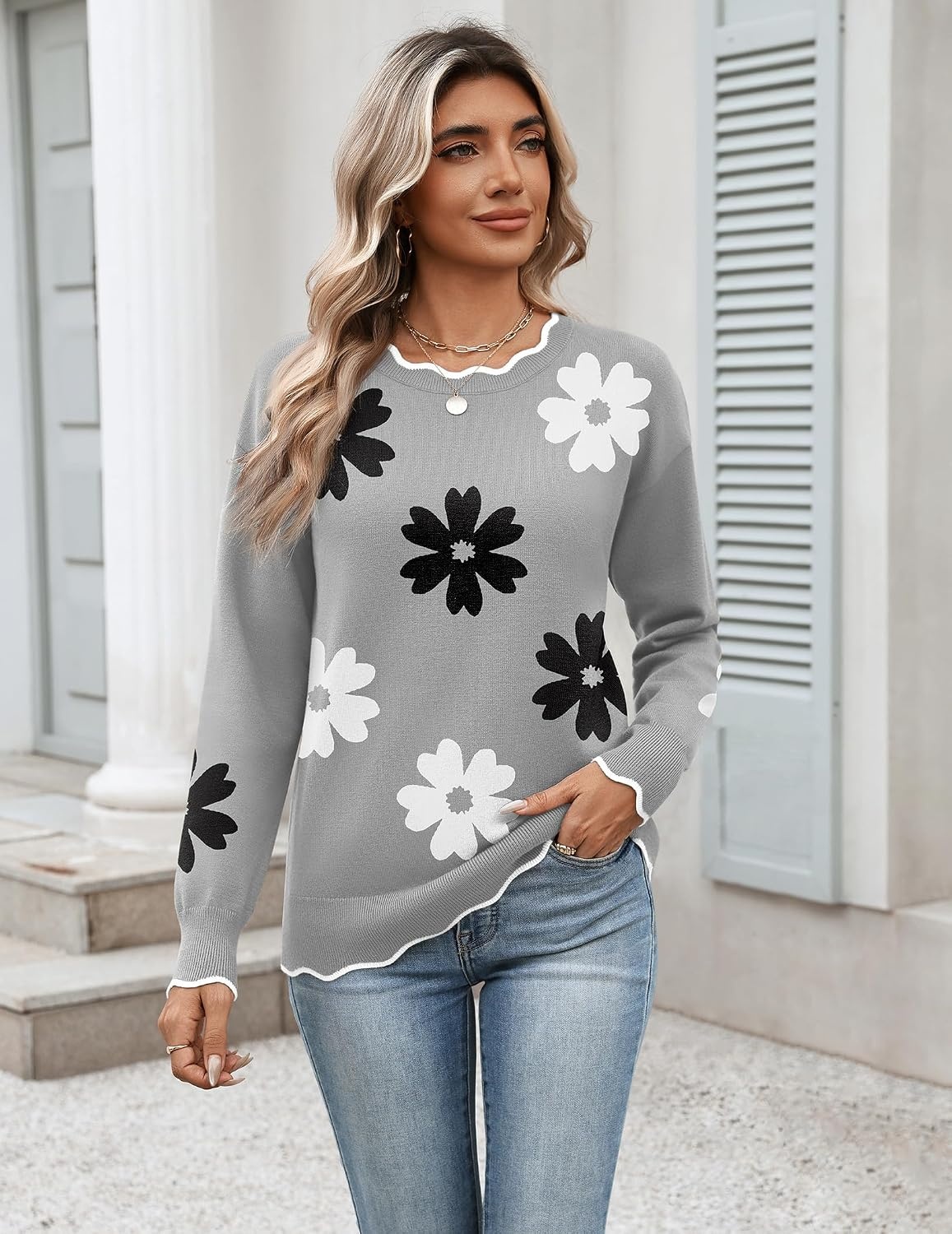 image:imageZeagoo Sweaters for Women 2026 Fall Outfits Long Sleeve Winter ClothesFlower Gray