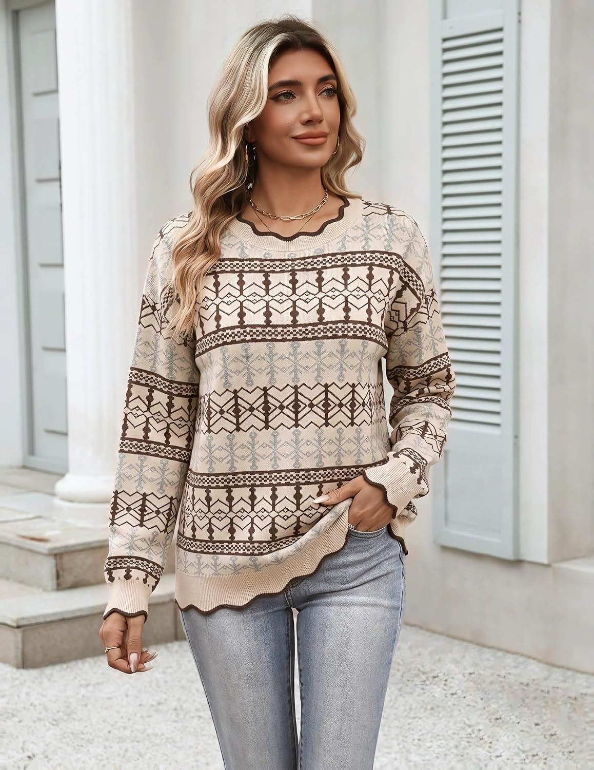 image:imageZeagoo Sweaters for Women 2026 Fall Outfits Long Sleeve Winter ClothesKhaki Diamond Stripes