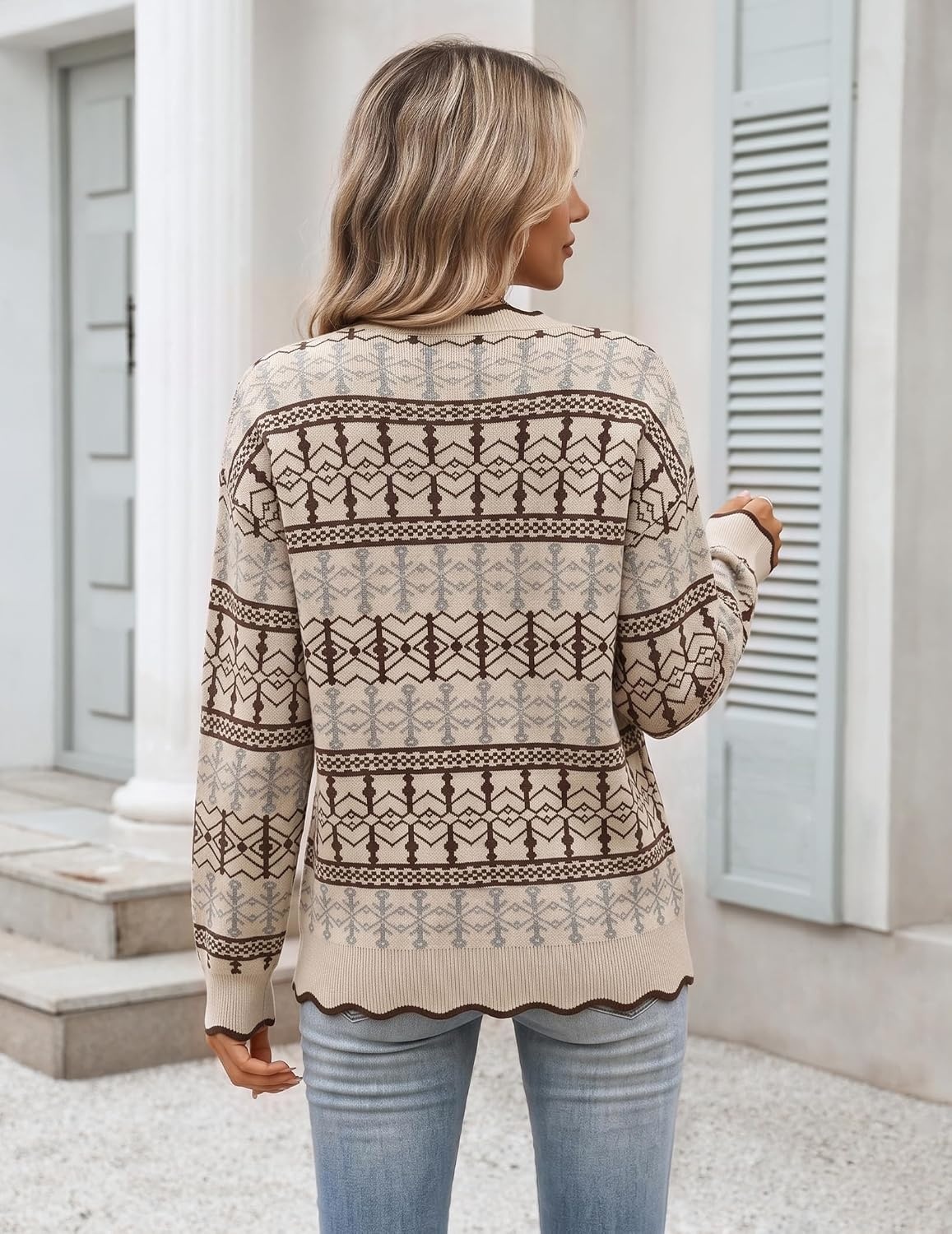 image:imageZeagoo Sweaters for Women 2026 Fall Outfits Long Sleeve Winter ClothesKhaki Diamond Stripes