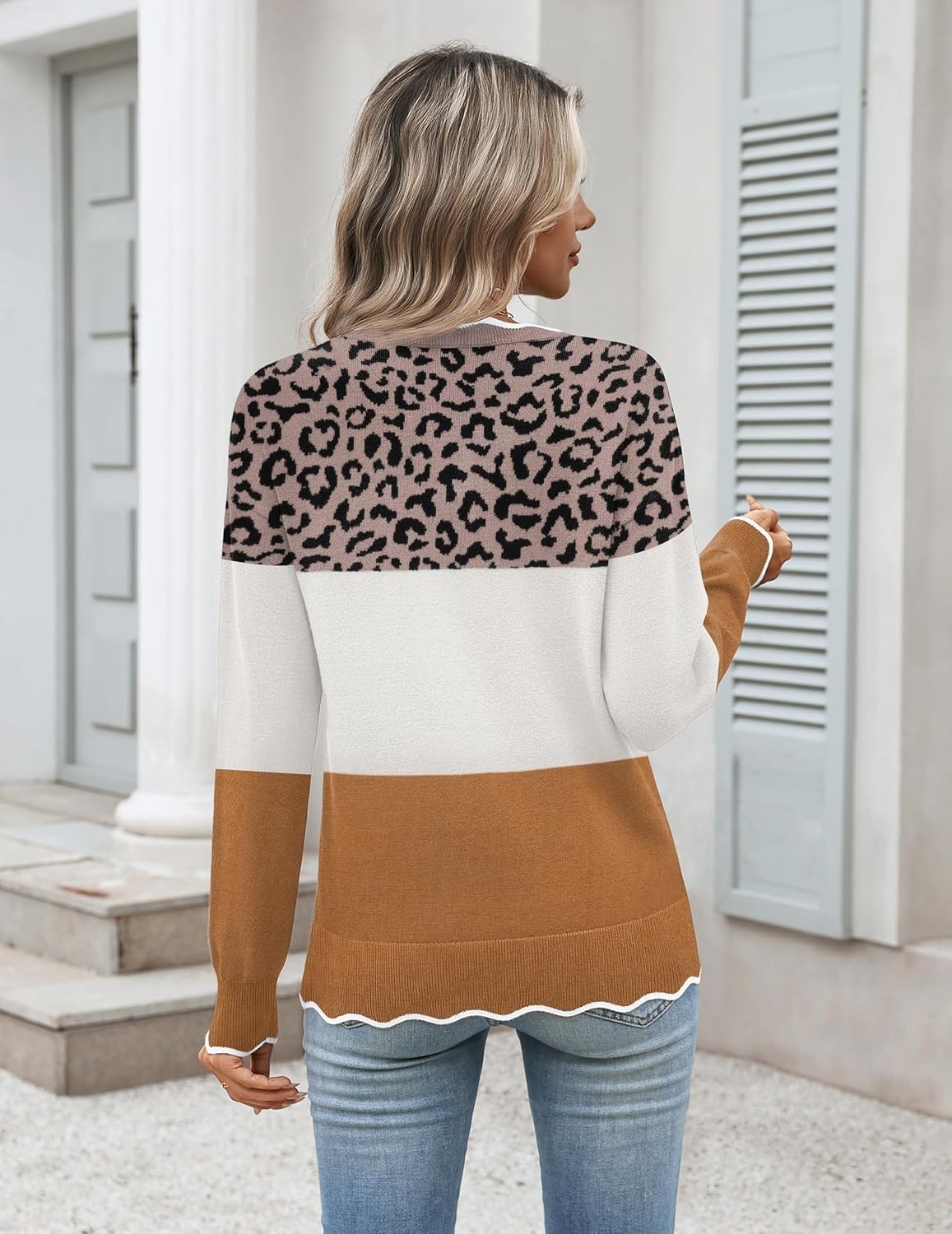 image:imageZeagoo Sweaters for Women 2026 Fall Outfits Long Sleeve Winter ClothesLeopard Print White Reddish Brown