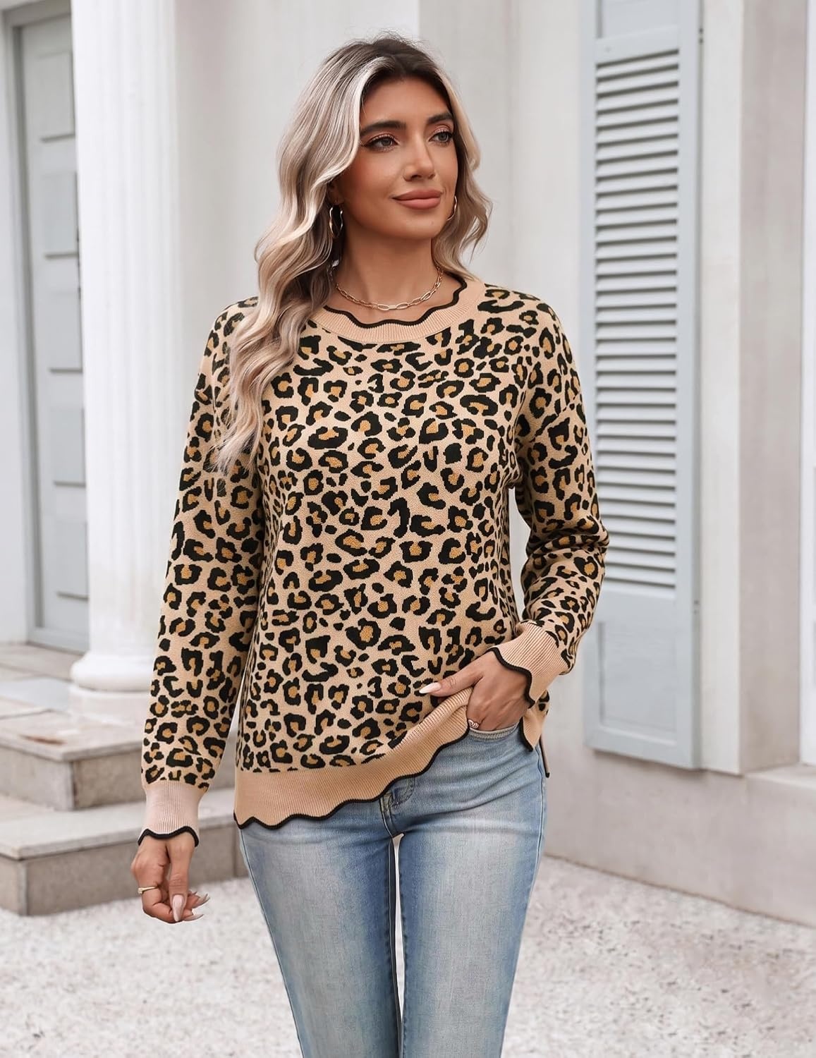 image:imageZeagoo Sweaters for Women 2026 Fall Outfits Long Sleeve Winter ClothesLeopard Print Camel