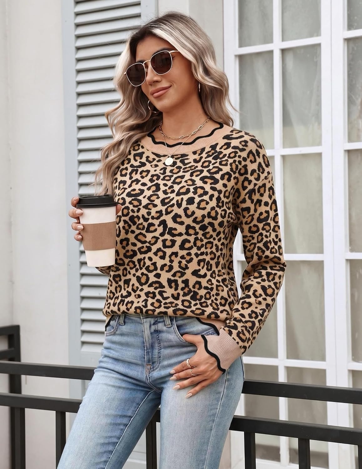 image:imageZeagoo Sweaters for Women 2026 Fall Outfits Long Sleeve Winter ClothesLeopard Print Camel