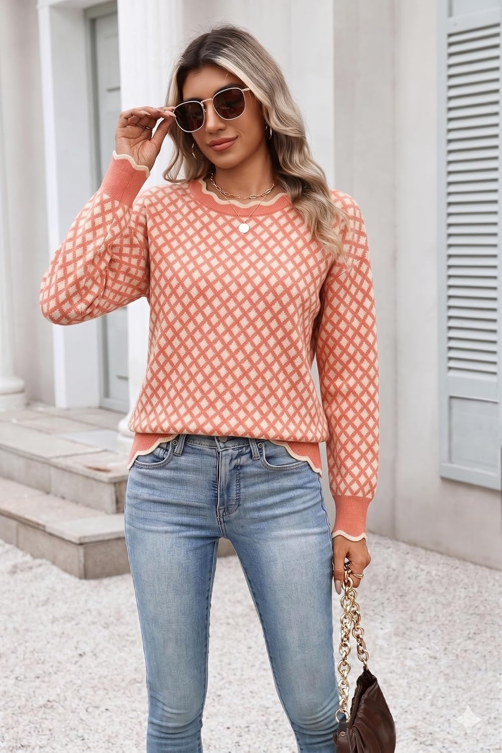 image:imageZeagoo Sweaters for Women 2026 Fall Outfits Long Sleeve Winter ClothesOrange White