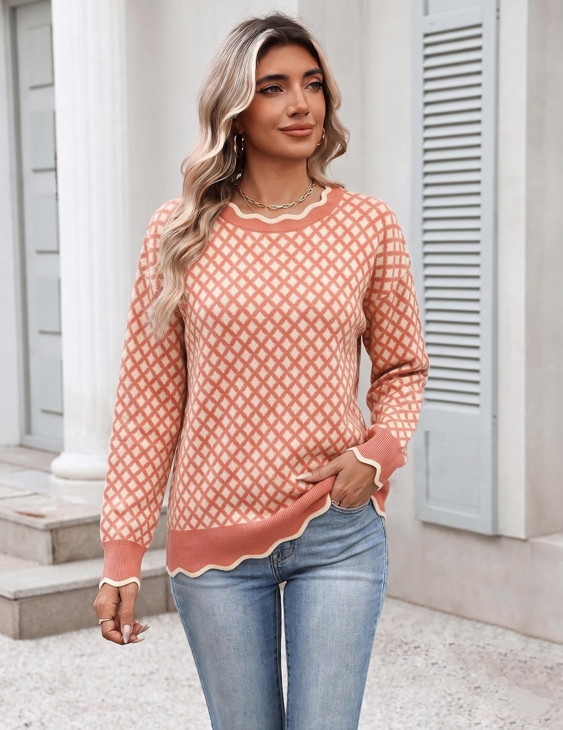 image:imageZeagoo Sweaters for Women 2026 Fall Outfits Long Sleeve Winter ClothesOrange White