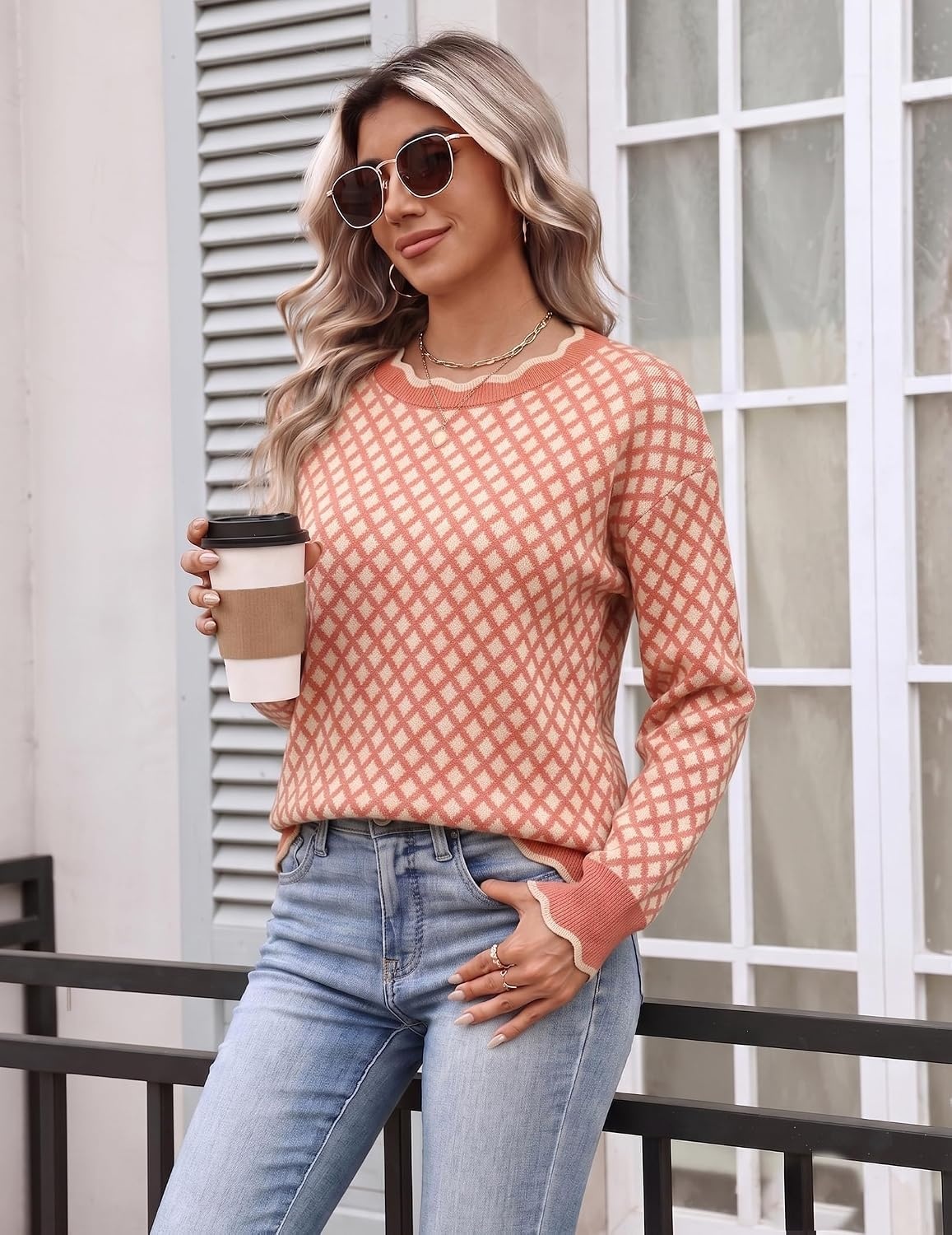 image:imageZeagoo Sweaters for Women 2026 Fall Outfits Long Sleeve Winter ClothesOrange White