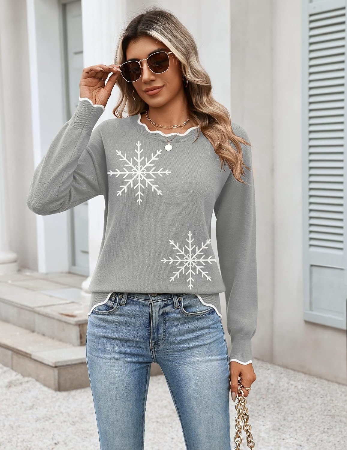 image:imageZeagoo Sweaters for Women 2026 Fall Outfits Long Sleeve Winter ClothesWhite Snowflakes