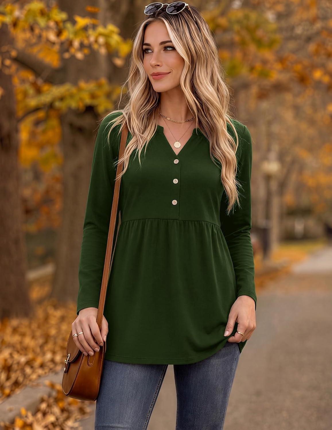 image:imageZeagoo Women Blouses Long Sleeve Top Boho Henley Vneck Pleated Fall TunicArmy Green