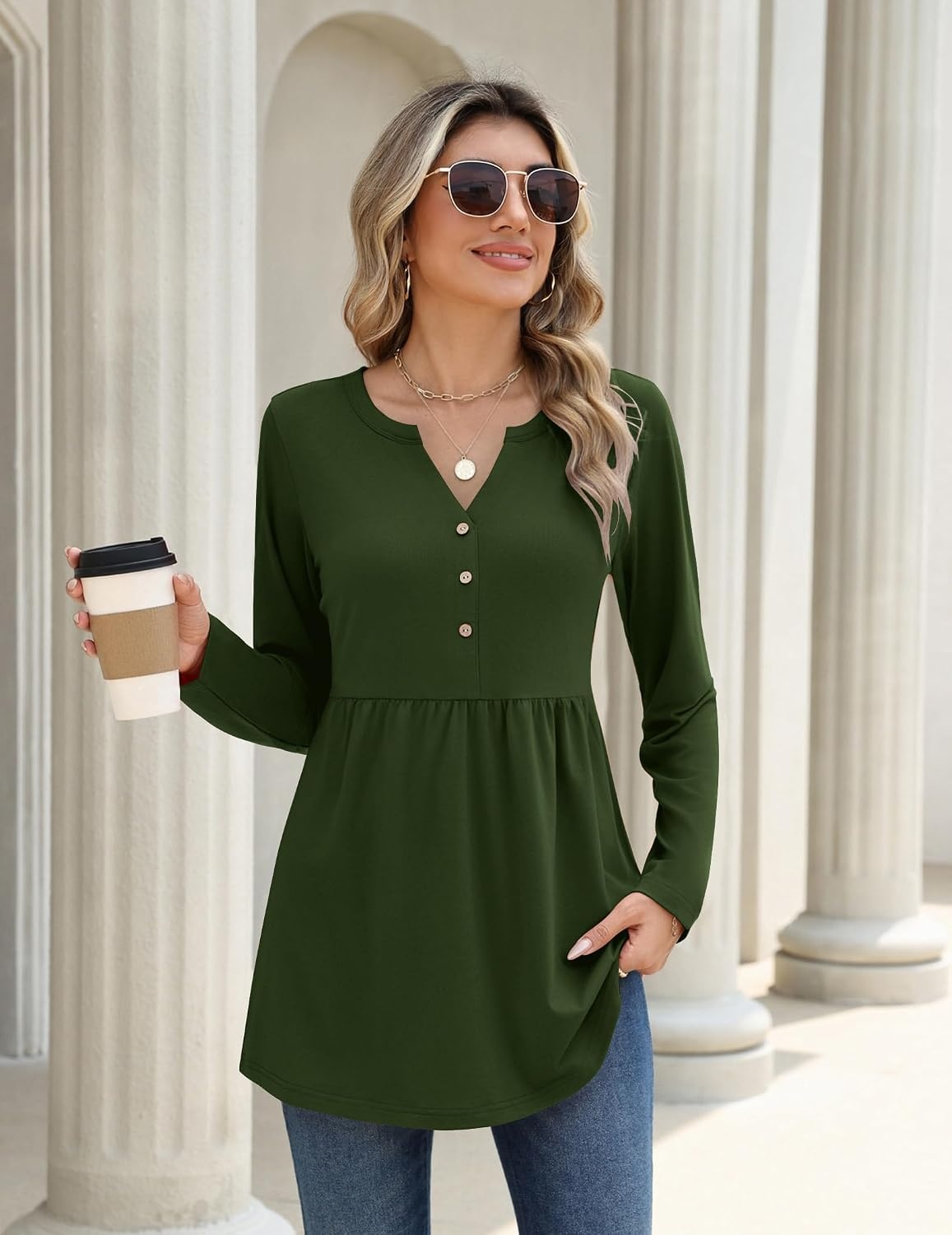 image:imageZeagoo Women Blouses Long Sleeve Top Boho Henley Vneck Pleated Fall TunicArmy Green