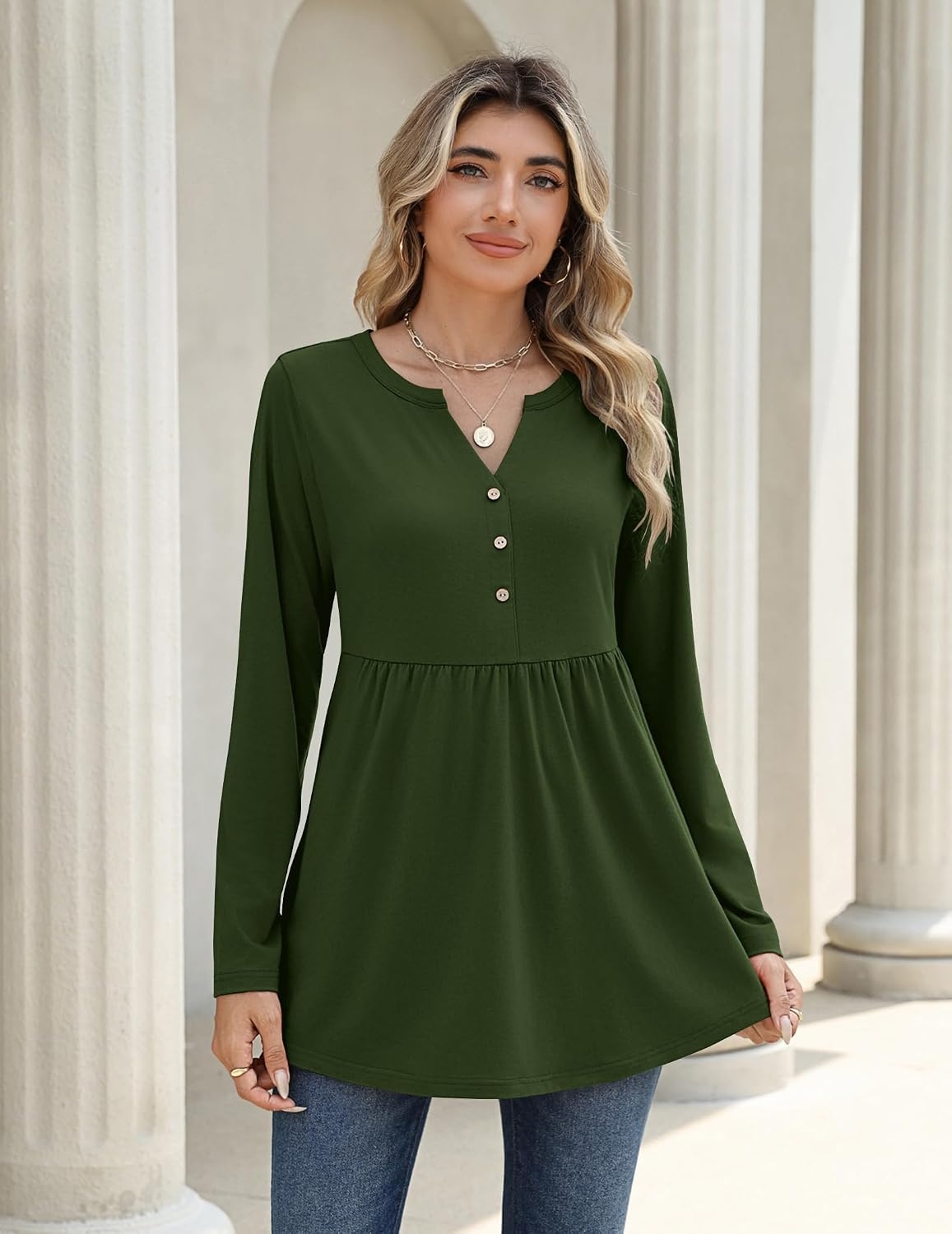 image:imageZeagoo Women Blouses Long Sleeve Top Boho Henley Vneck Pleated Fall TunicArmy Green