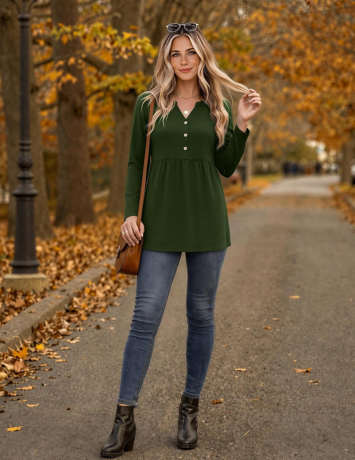 image:imageZeagoo Women Blouses Long Sleeve Top Boho Henley Vneck Pleated Fall TunicArmy Green