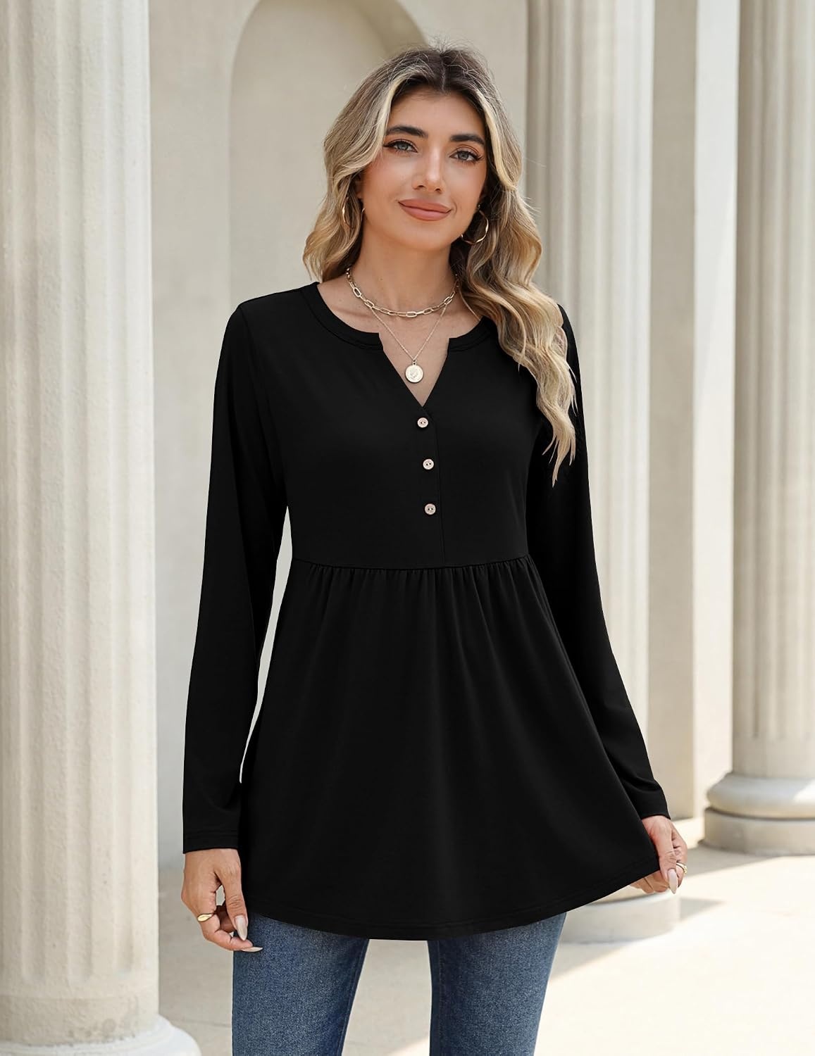 image:imageZeagoo Women Blouses Long Sleeve Top Boho Henley Vneck Pleated Fall TunicBlack