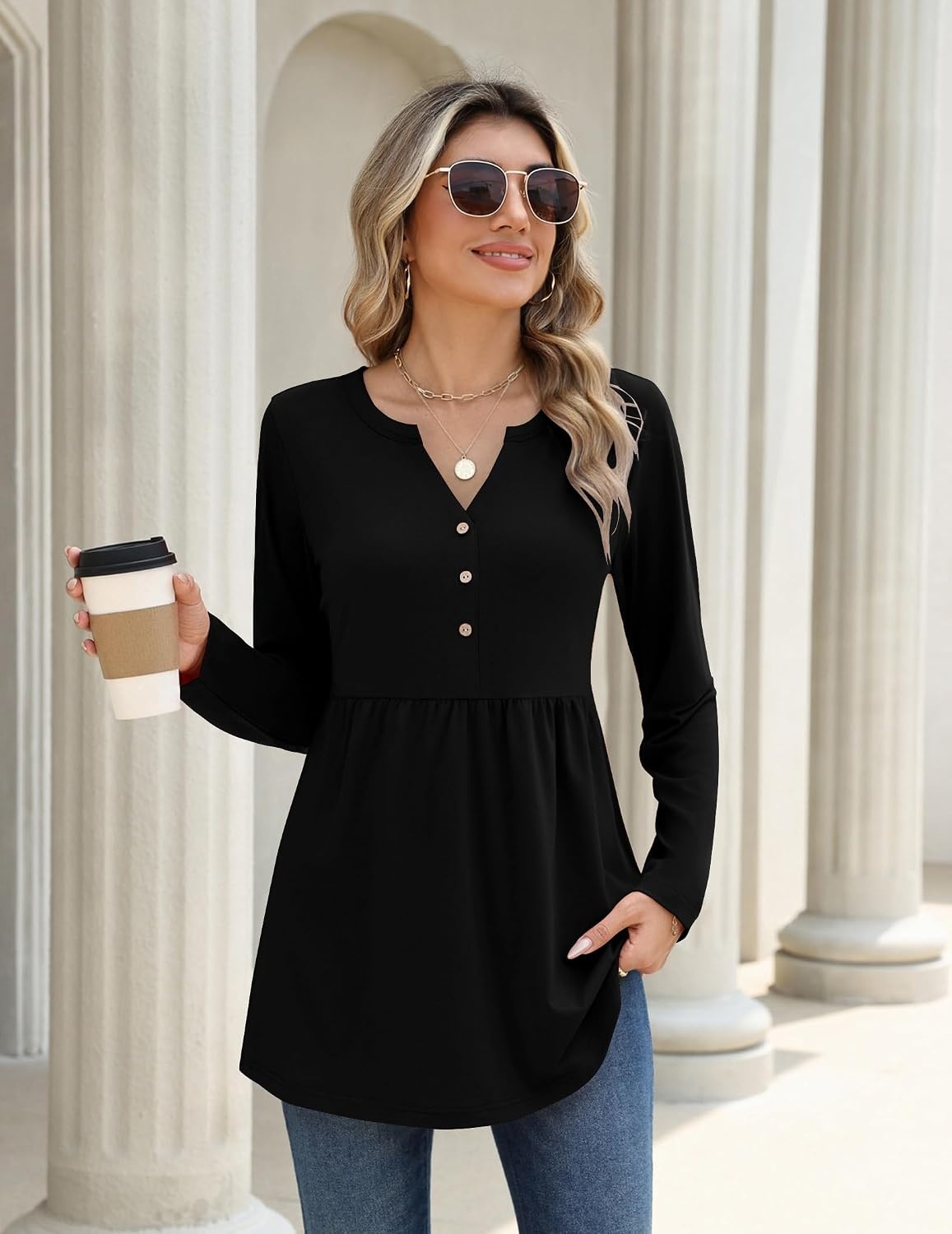 image:imageZeagoo Women Blouses Long Sleeve Top Boho Henley Vneck Pleated Fall TunicBlack