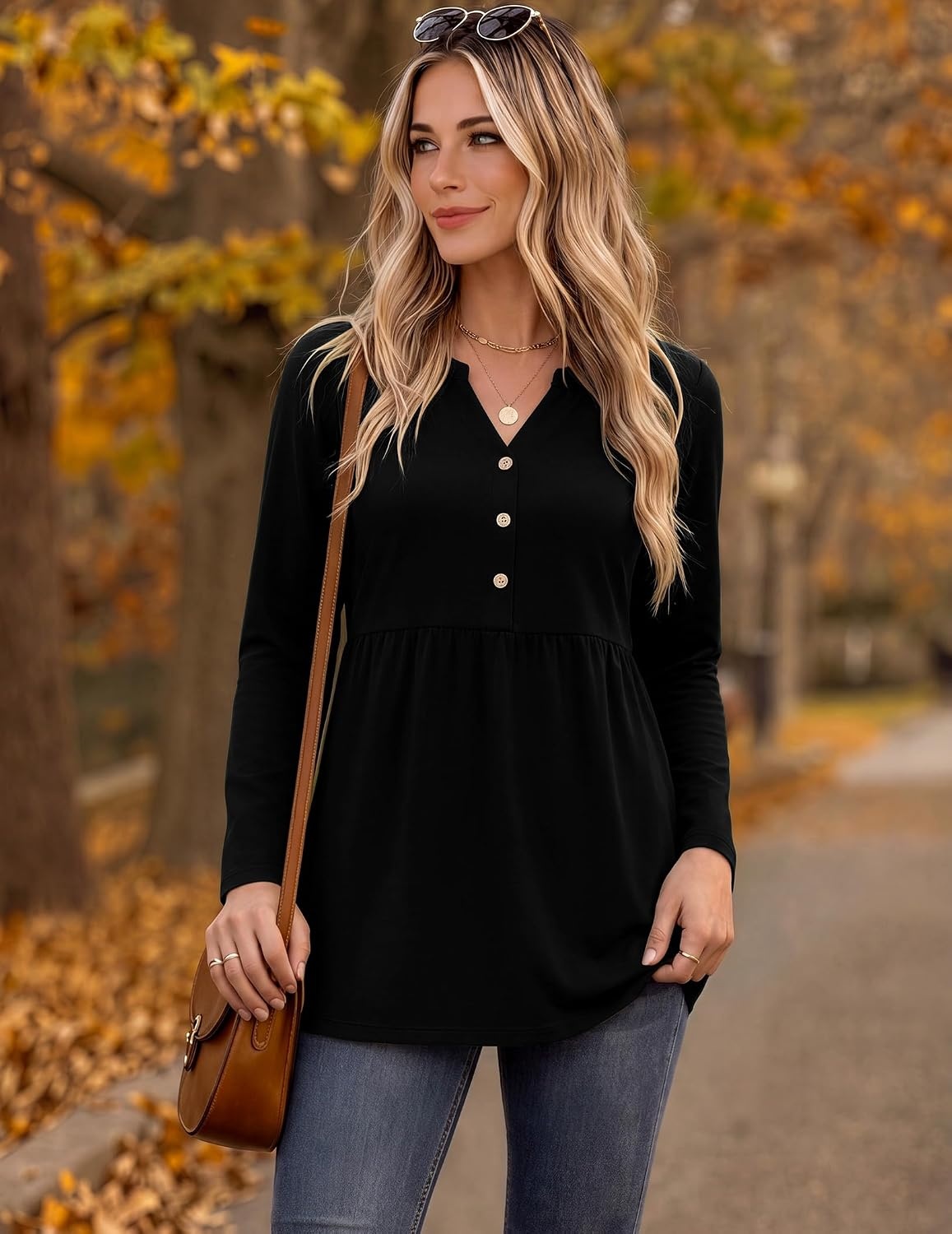 image:imageZeagoo Women Blouses Long Sleeve Top Boho Henley Vneck Pleated Fall TunicBlack