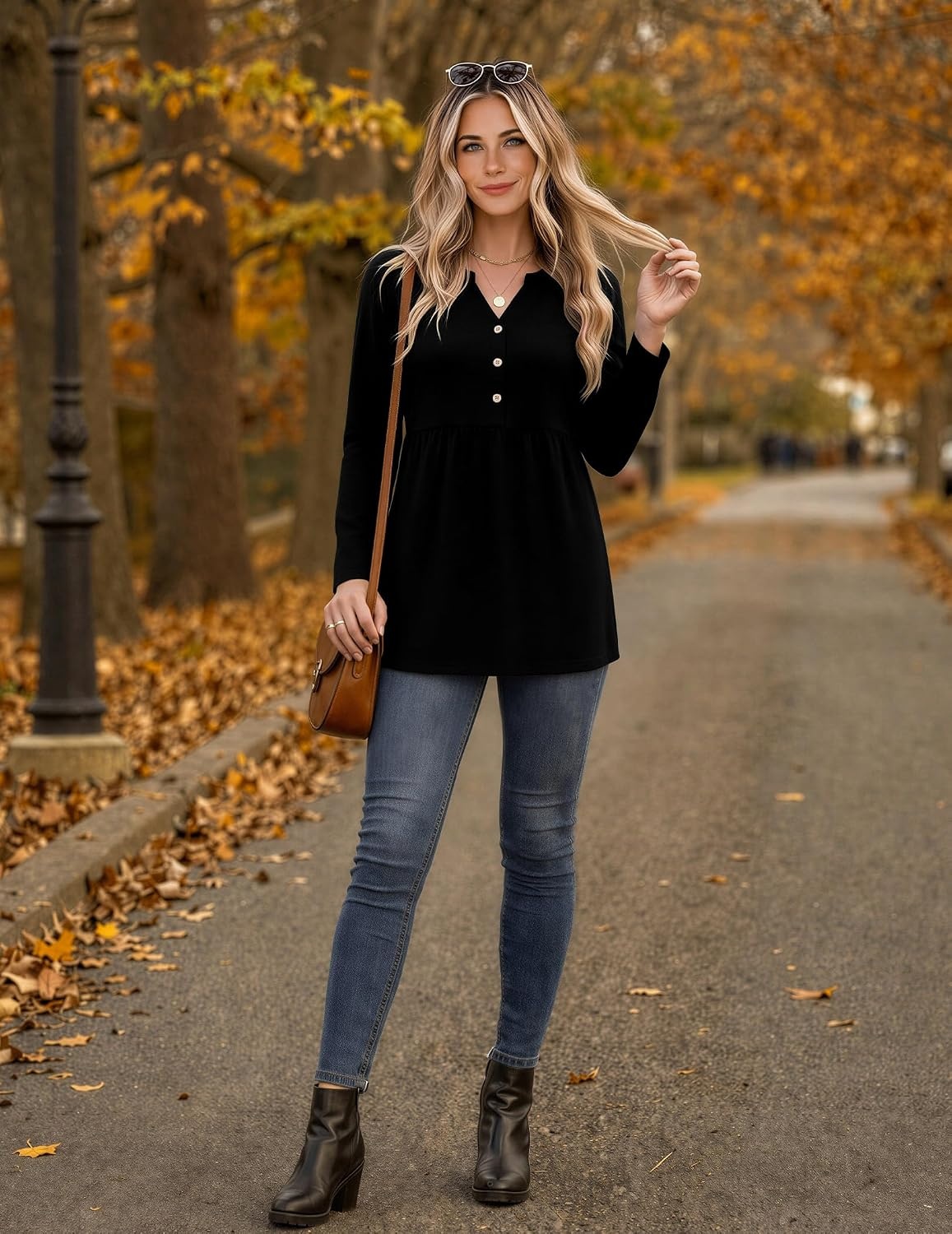 image:imageZeagoo Women Blouses Long Sleeve Top Boho Henley Vneck Pleated Fall TunicBlack