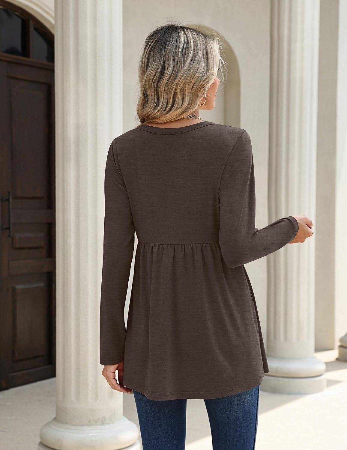 image:imageZeagoo Women Blouses Long Sleeve Top Boho Henley Vneck Pleated Fall TunicBrown