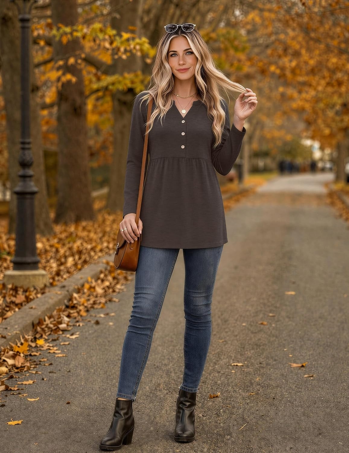 image:imageZeagoo Women Blouses Long Sleeve Top Boho Henley Vneck Pleated Fall TunicBrown