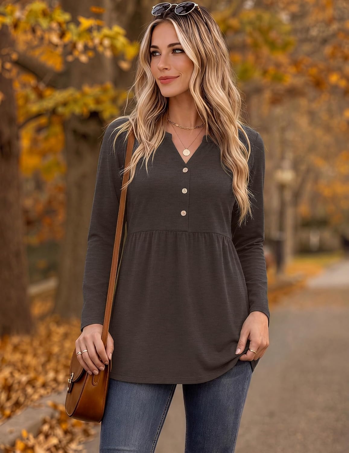 image:imageZeagoo Women Blouses Long Sleeve Top Boho Henley Vneck Pleated Fall TunicBrown