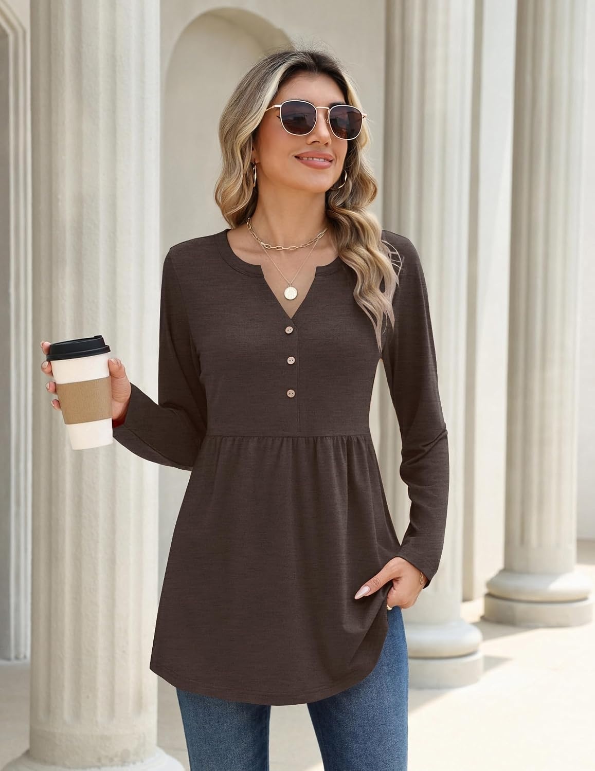 image:imageZeagoo Women Blouses Long Sleeve Top Boho Henley Vneck Pleated Fall TunicBrown
