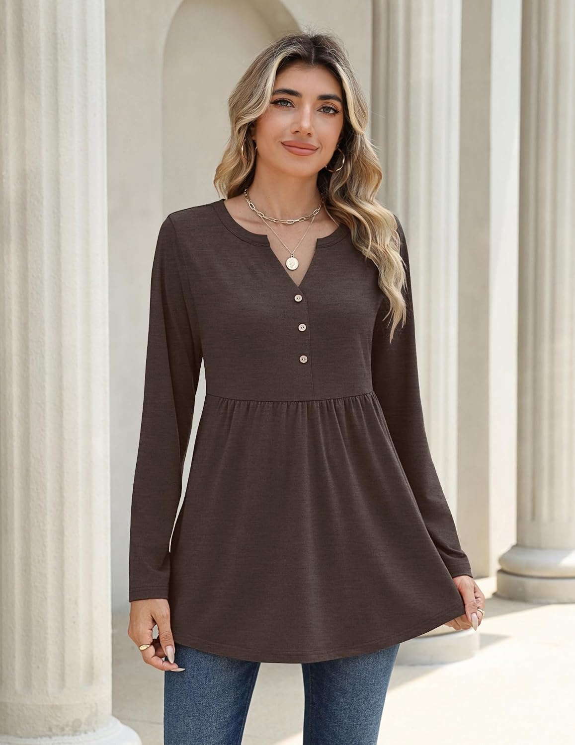 image:imageZeagoo Women Blouses Long Sleeve Top Boho Henley Vneck Pleated Fall TunicBrown