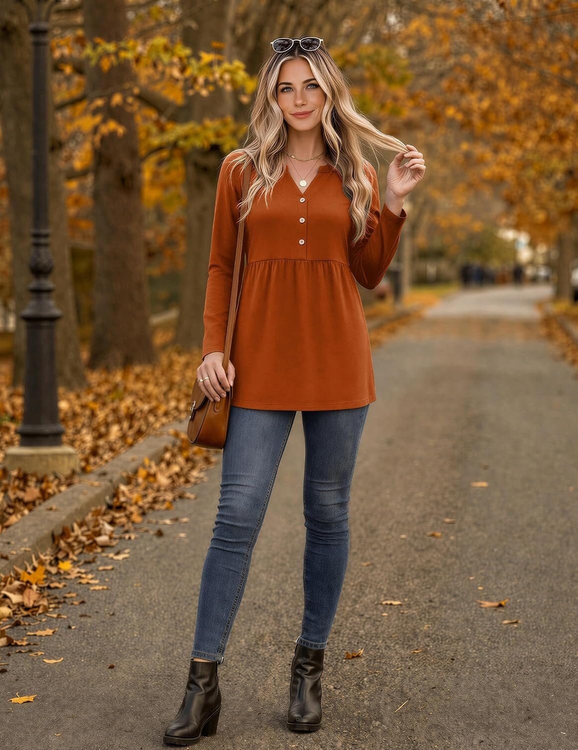 image:imageZeagoo Women Blouses Long Sleeve Top Boho Henley Vneck Pleated Fall TunicCaramel