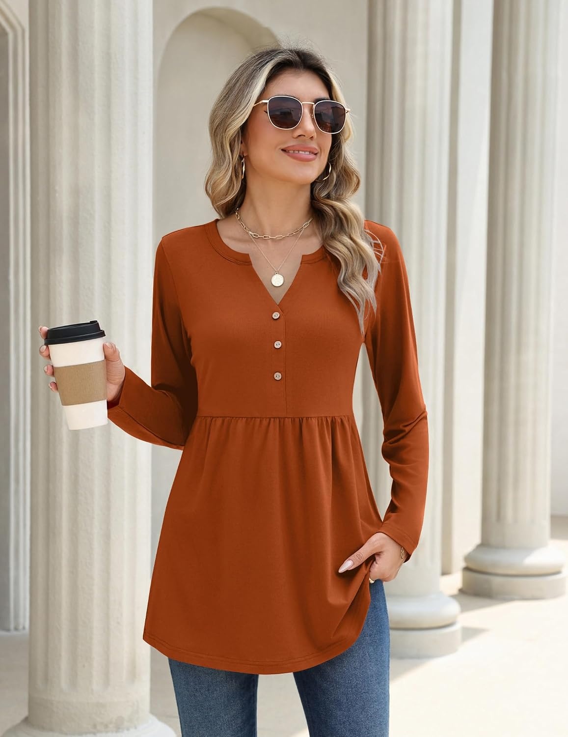 image:imageZeagoo Women Blouses Long Sleeve Top Boho Henley Vneck Pleated Fall TunicCaramel