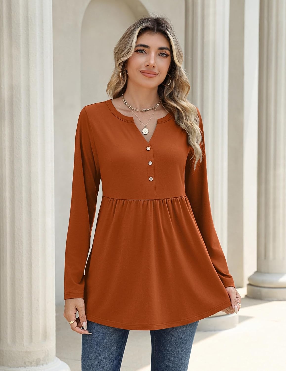 image:imageZeagoo Women Blouses Long Sleeve Top Boho Henley Vneck Pleated Fall TunicCaramel