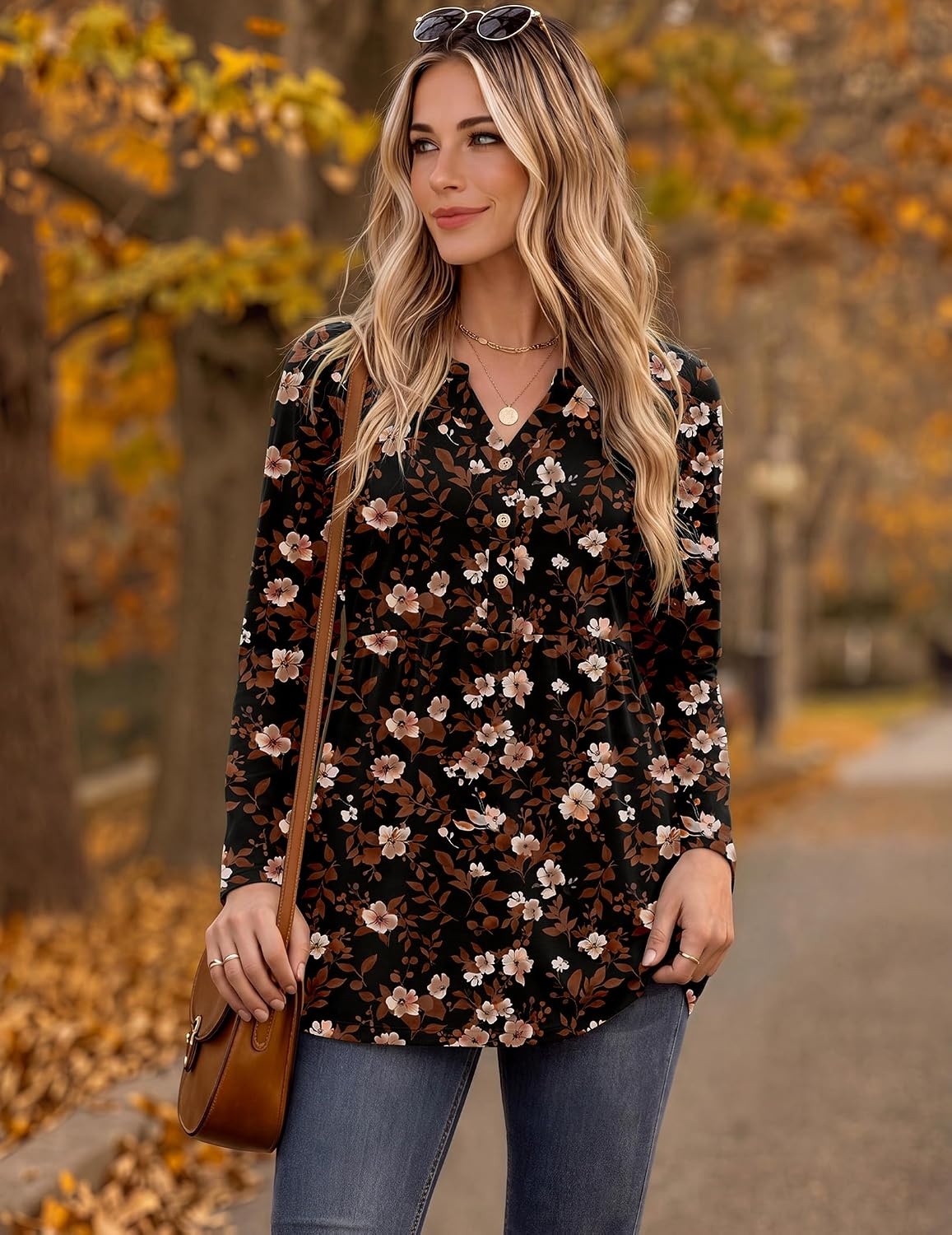 image:imageZeagoo Women Blouses Long Sleeve Top Boho Henley Vneck Pleated Fall TunicFlower Black
