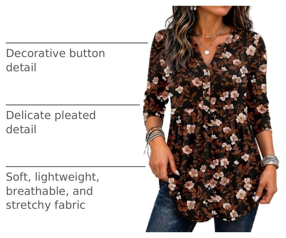 image:imageZeagoo Women Blouses Long Sleeve Top Boho Henley Vneck Pleated Fall TunicFlower Black