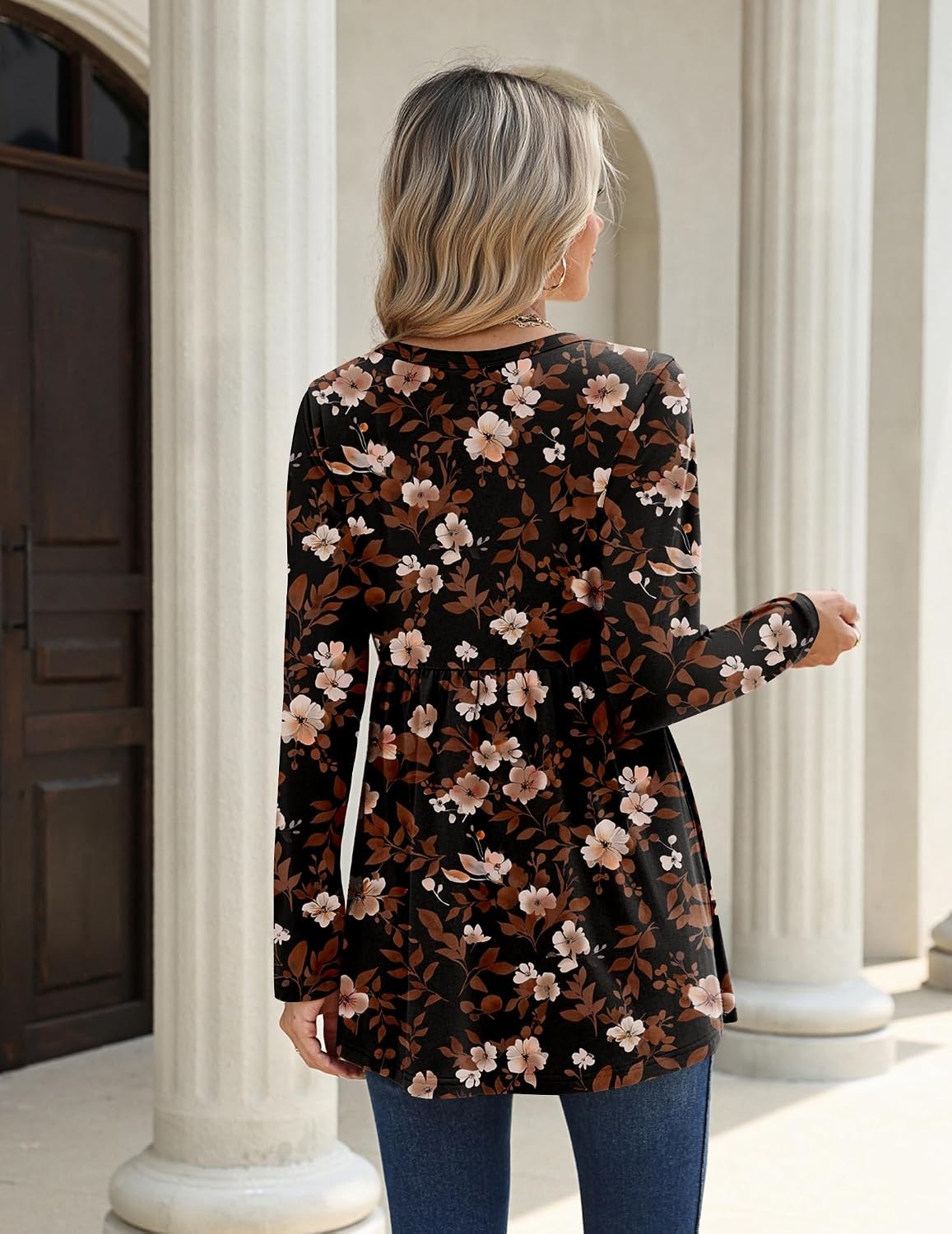 image:imageZeagoo Women Blouses Long Sleeve Top Boho Henley Vneck Pleated Fall TunicFlower Black