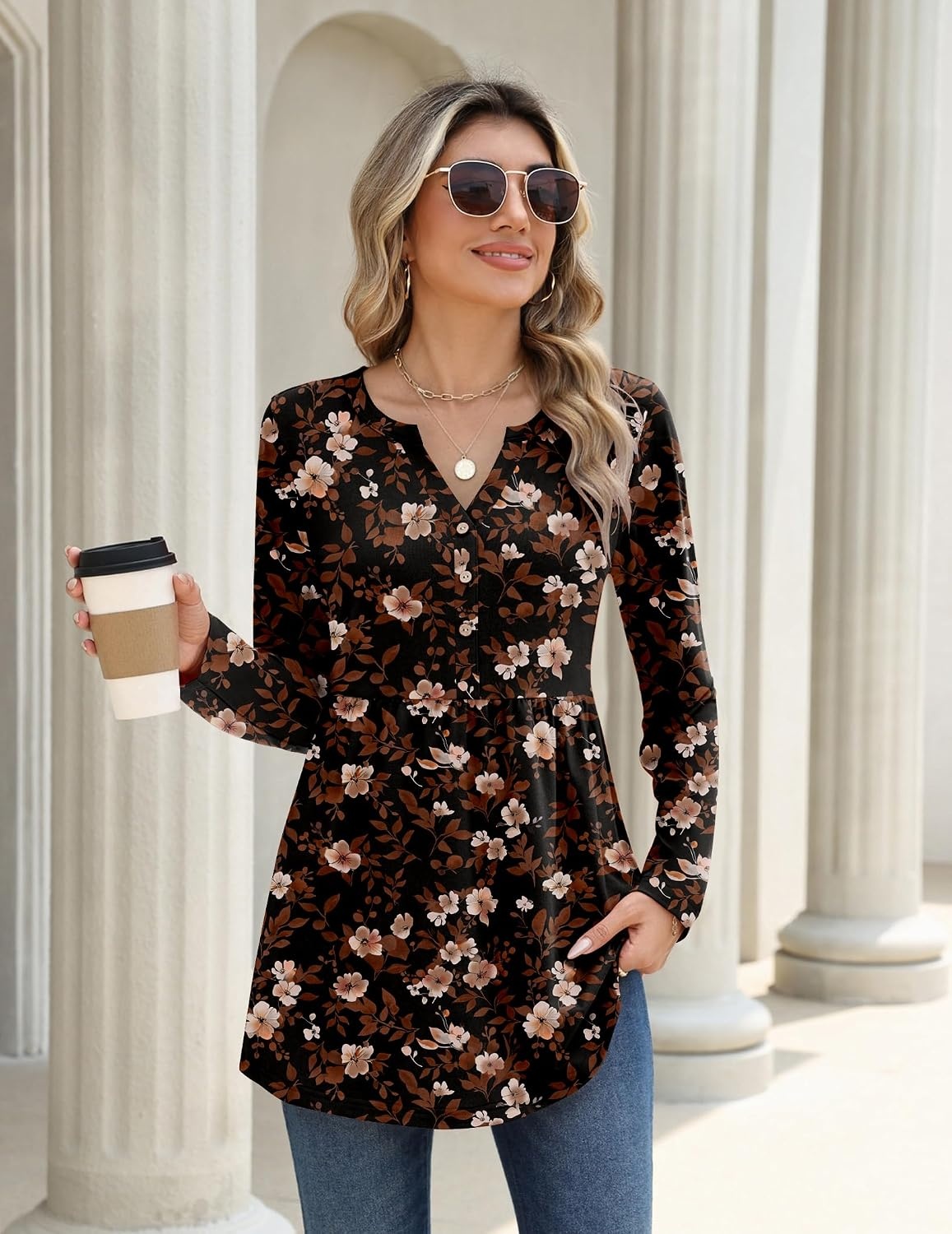 image:imageZeagoo Women Blouses Long Sleeve Top Boho Henley Vneck Pleated Fall TunicFlower Black