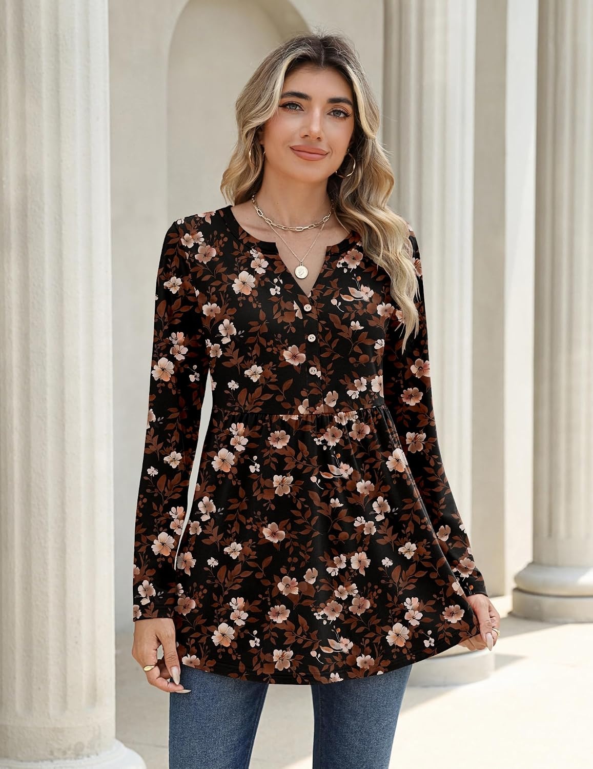 image:imageZeagoo Women Blouses Long Sleeve Top Boho Henley Vneck Pleated Fall TunicFlower Black