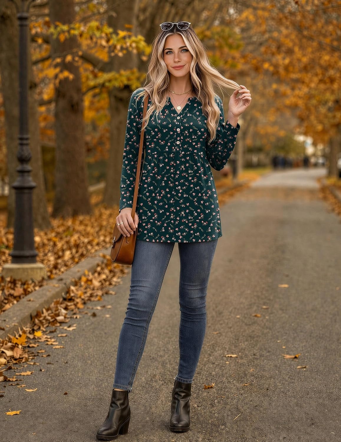 image:imageZeagoo Women Blouses Long Sleeve Top Boho Henley Vneck Pleated Fall TunicFlower Green