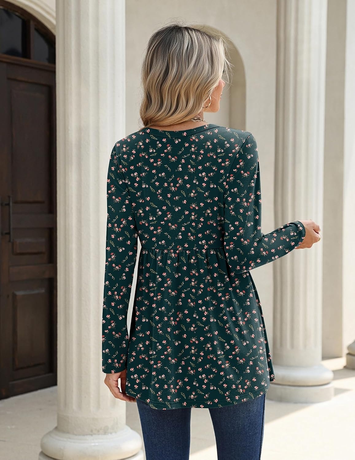 image:imageZeagoo Women Blouses Long Sleeve Top Boho Henley Vneck Pleated Fall TunicFlower Green