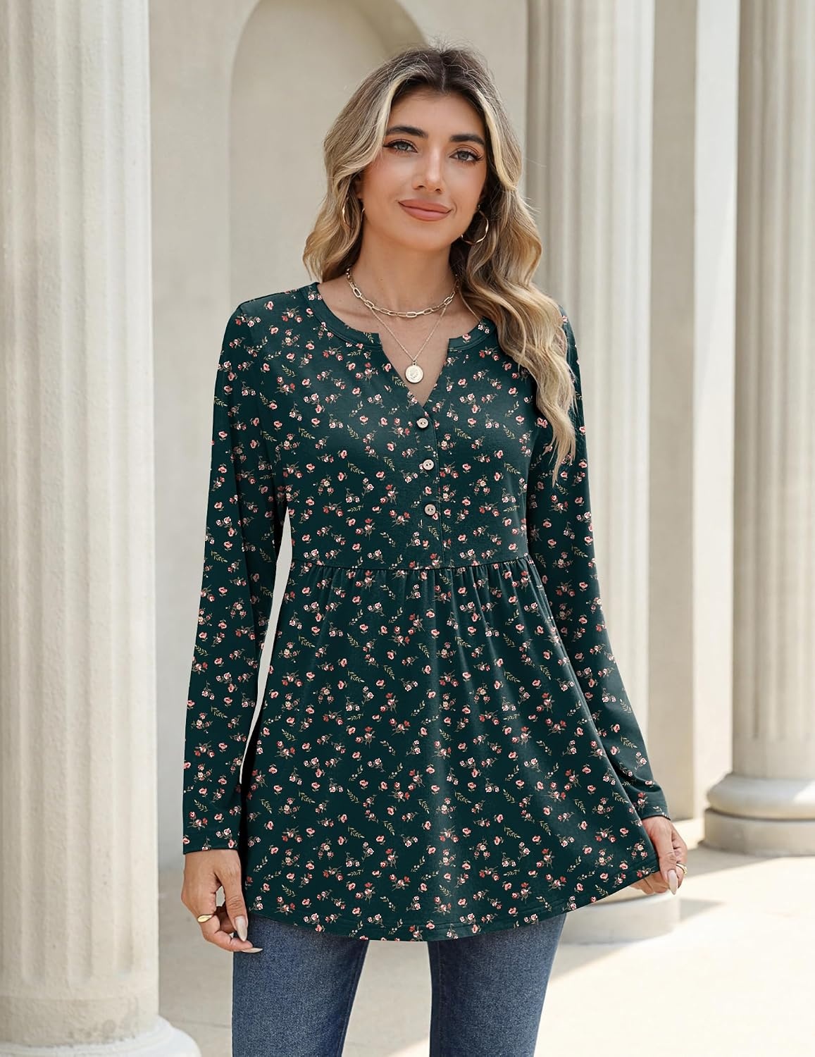 image:imageZeagoo Women Blouses Long Sleeve Top Boho Henley Vneck Pleated Fall TunicFlower Green