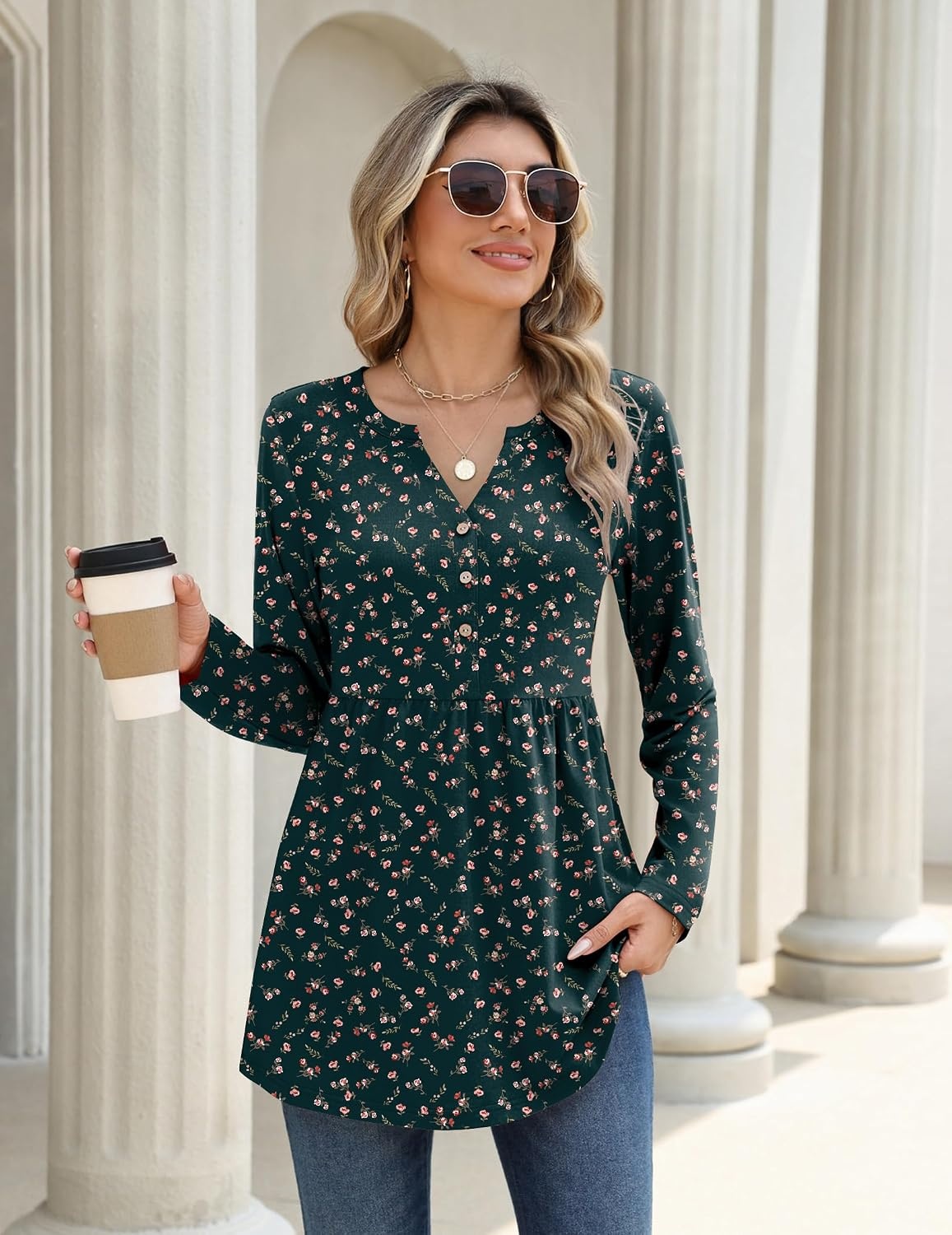 image:imageZeagoo Women Blouses Long Sleeve Top Boho Henley Vneck Pleated Fall TunicFlower Green