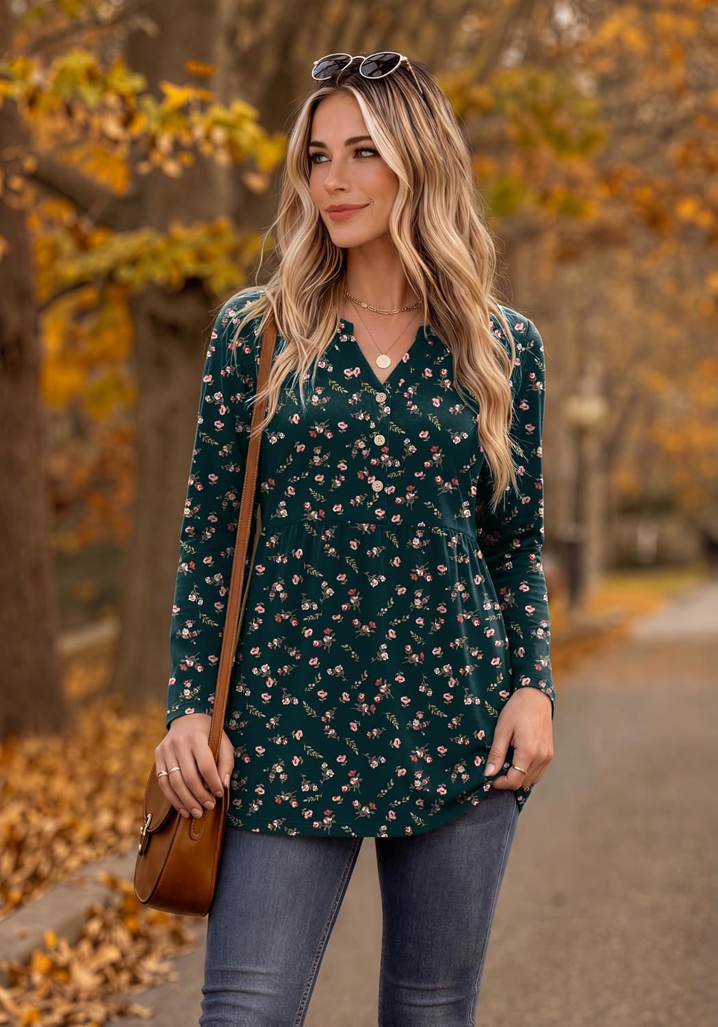 image:imageZeagoo Women Blouses Long Sleeve Top Boho Henley Vneck Pleated Fall TunicFlower Green