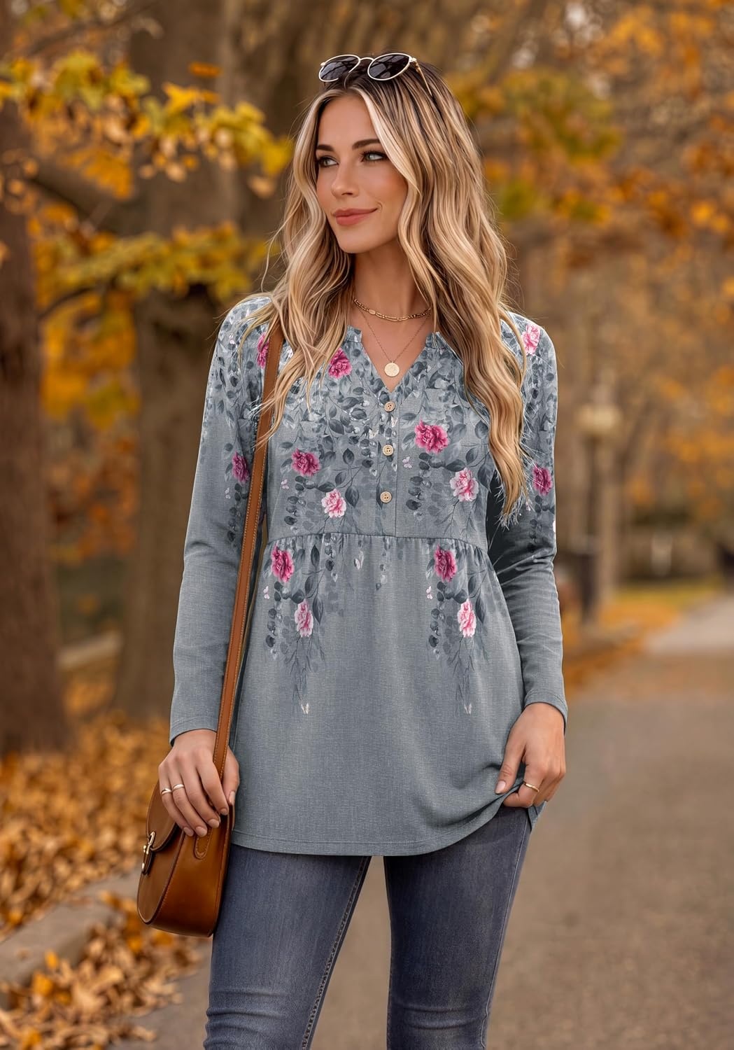 image:imageZeagoo Women Blouses Long Sleeve Top Boho Henley Vneck Pleated Fall TunicFlower Grey
