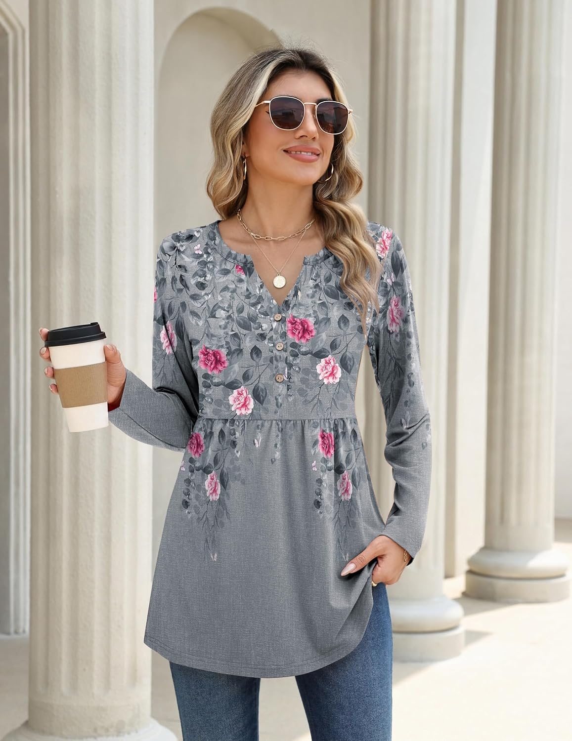 image:imageZeagoo Women Blouses Long Sleeve Top Boho Henley Vneck Pleated Fall TunicFlower Grey