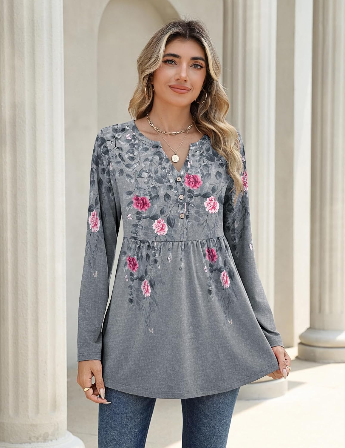 image:imageZeagoo Women Blouses Long Sleeve Top Boho Henley Vneck Pleated Fall TunicFlower Grey