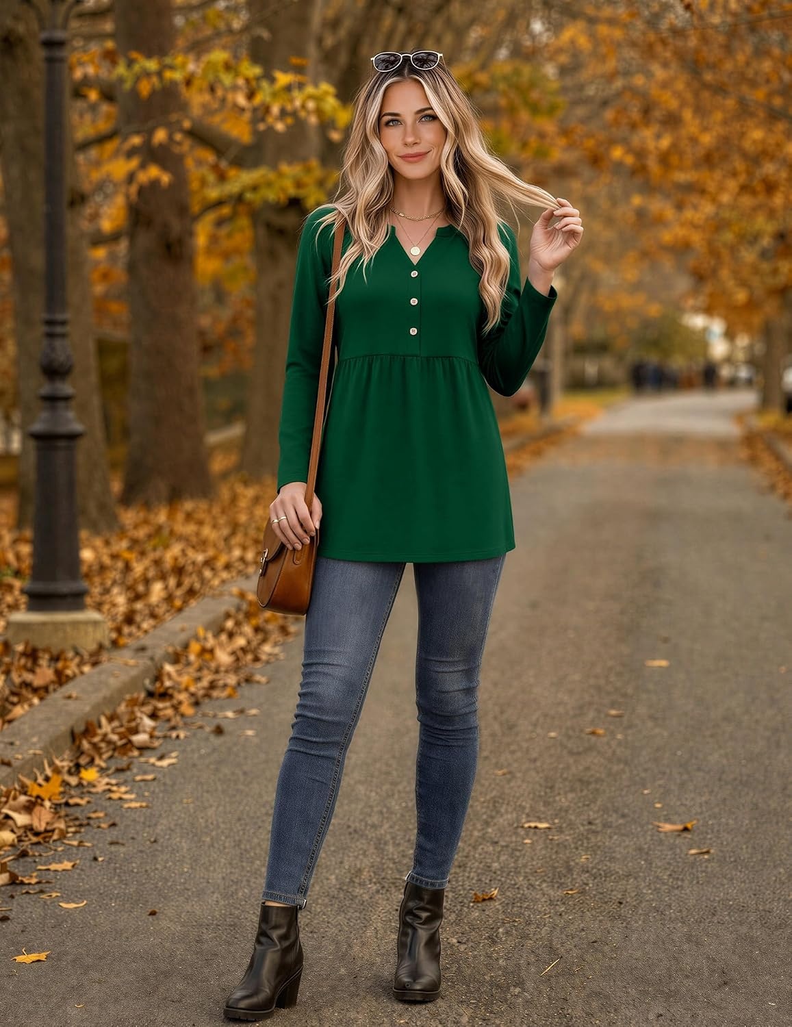 image:imageZeagoo Women Blouses Long Sleeve Top Boho Henley Vneck Pleated Fall TunicGreen