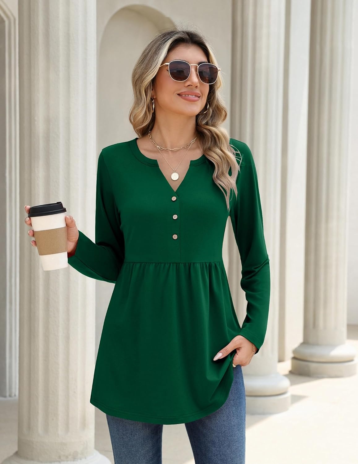 image:imageZeagoo Women Blouses Long Sleeve Top Boho Henley Vneck Pleated Fall TunicGreen