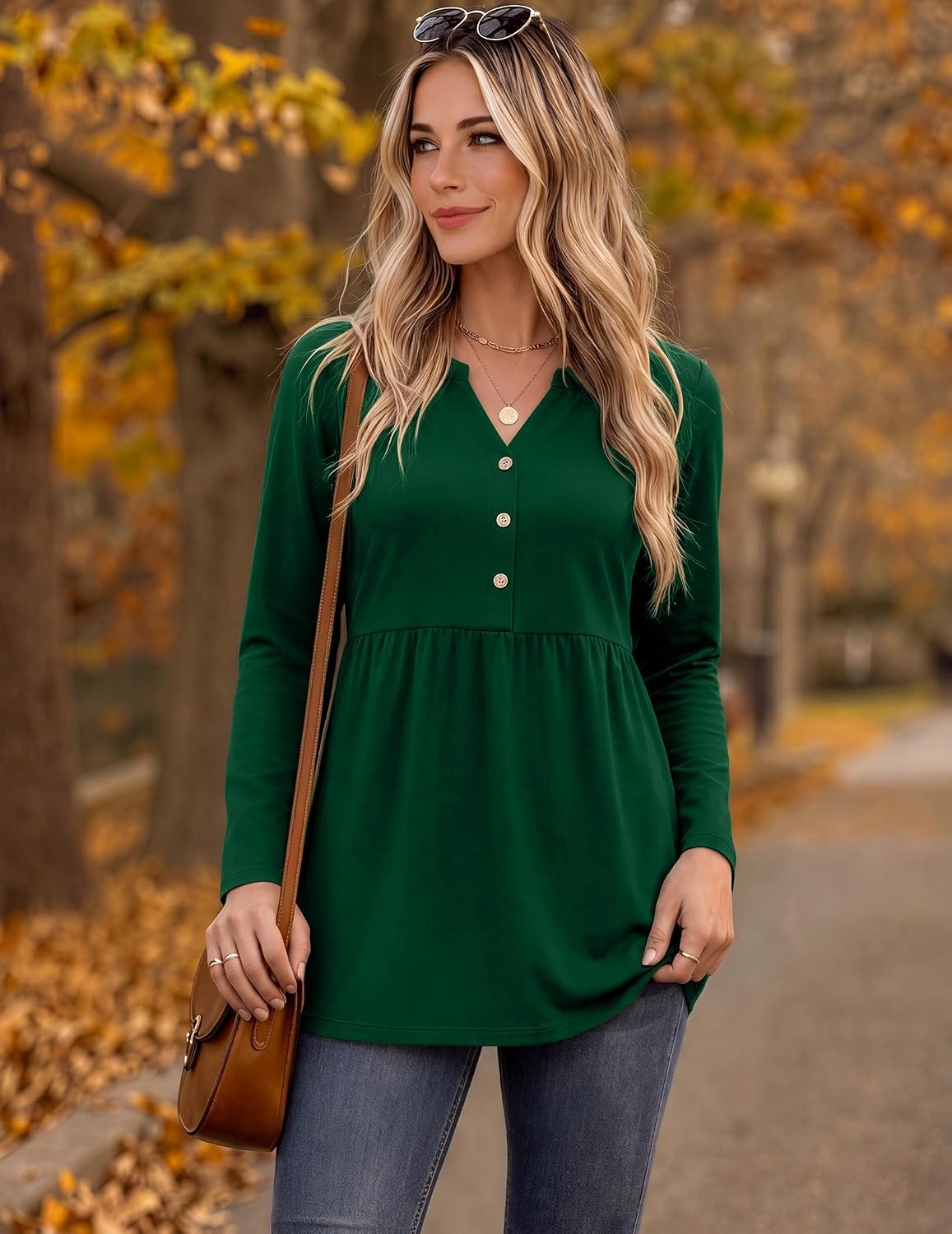 image:imageZeagoo Women Blouses Long Sleeve Top Boho Henley Vneck Pleated Fall TunicGreen
