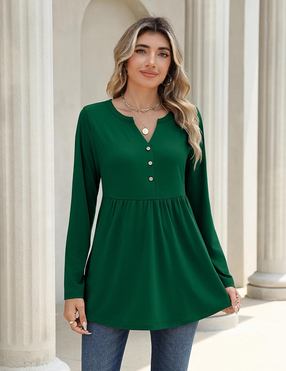 image:imageZeagoo Women Blouses Long Sleeve Top Boho Henley Vneck Pleated Fall TunicGreen